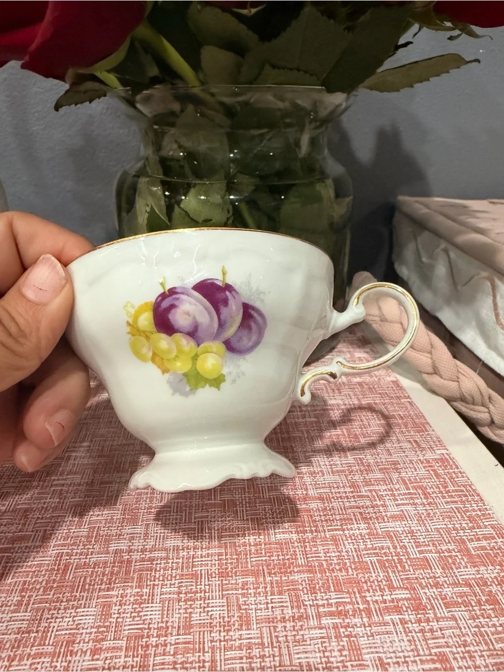 Porcelain Fruit-Pattern Creamer and Sugar Bowls - White with Gold Trim